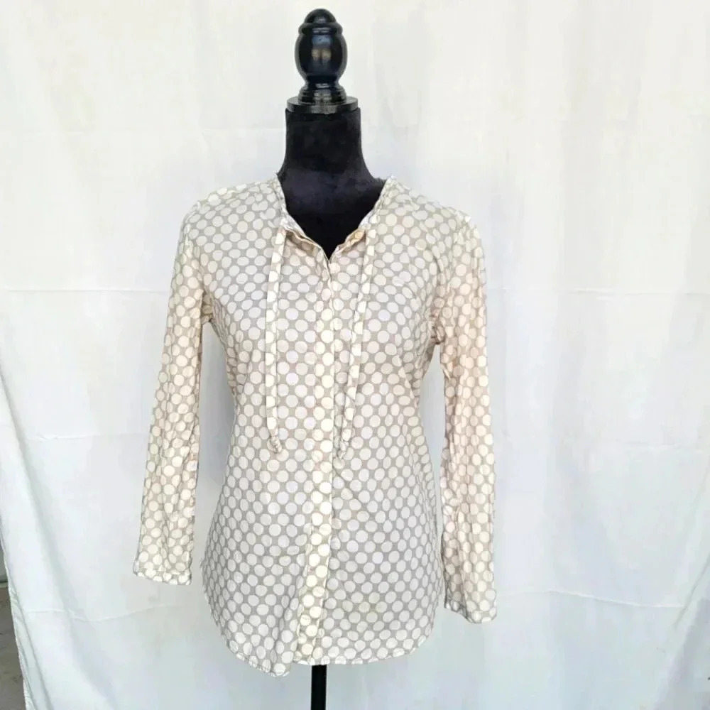 Fossil Blouse Button Shirt Top Polka Dot Beige White 3/4 Sleeve V Neck Tie M